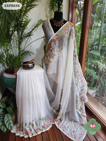 Zynah Off White Crushed Organza Tissue Saree With Exquisite Bird Embroidery; Custom Stitched/Ready-made Blouse, Fall, Petticoat; SKU: 0311202503