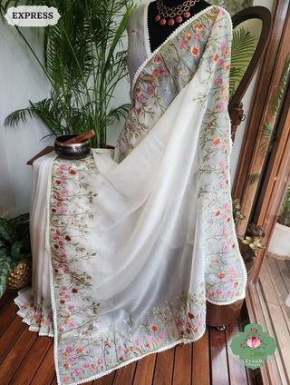 Zynah Off White Crushed Organza Tissue Saree With Exquisite Bird Embroidery; Custom Stitched/Ready-made Blouse, Fall, Petticoat; SKU: 0311202503