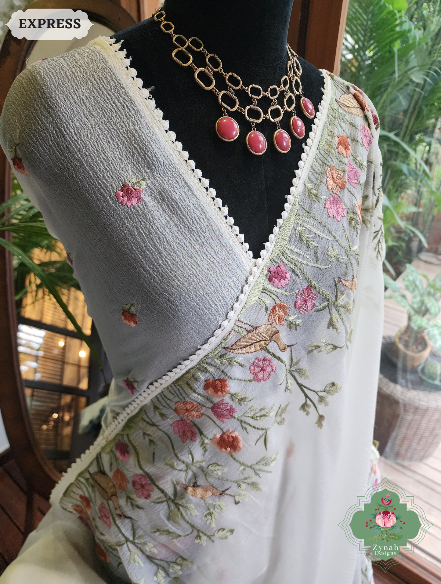 Zynah Off White Crushed Organza Tissue Saree With Exquisite Bird Embroidery; Custom Stitched/Ready-made Blouse, Fall, Petticoat; SKU: 0311202503
