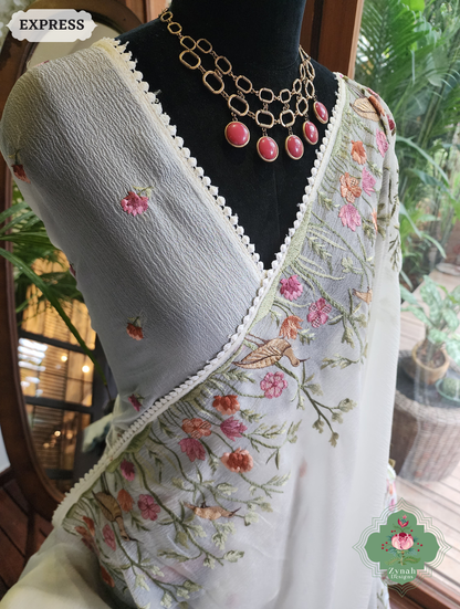 Zynah Off White Crushed Organza Tissue Saree With Exquisite Bird Embroidery; Custom Stitched/Ready-made Blouse, Fall, Petticoat; SKU: 0311202503