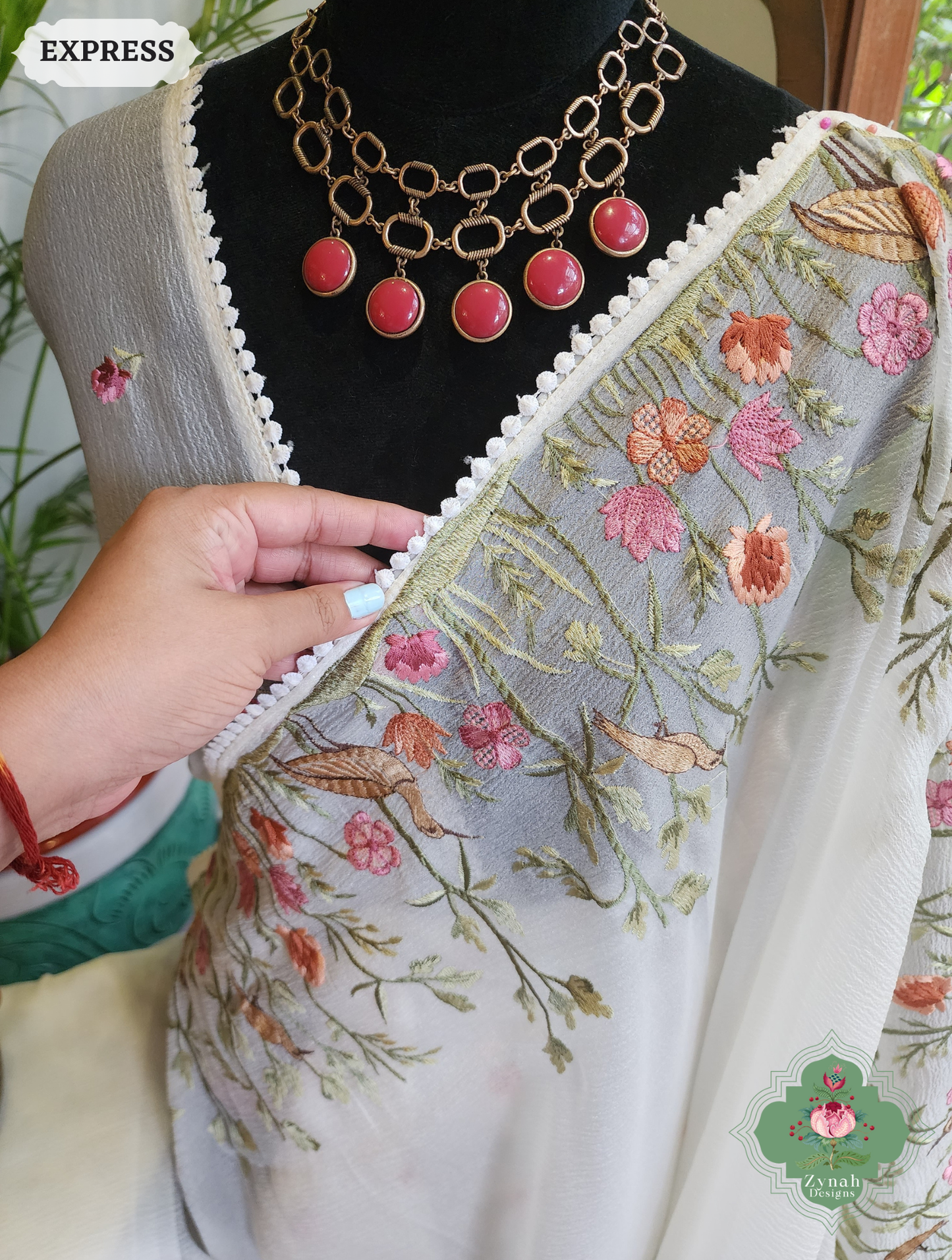 Zynah Off White Crushed Organza Tissue Saree With Exquisite Bird Embroidery; Custom Stitched/Ready-made Blouse, Fall, Petticoat; SKU: 0311202503