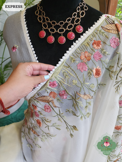 Zynah Off White Crushed Organza Tissue Saree With Exquisite Bird Embroidery; Custom Stitched/Ready-made Blouse, Fall, Petticoat; SKU: 0311202503