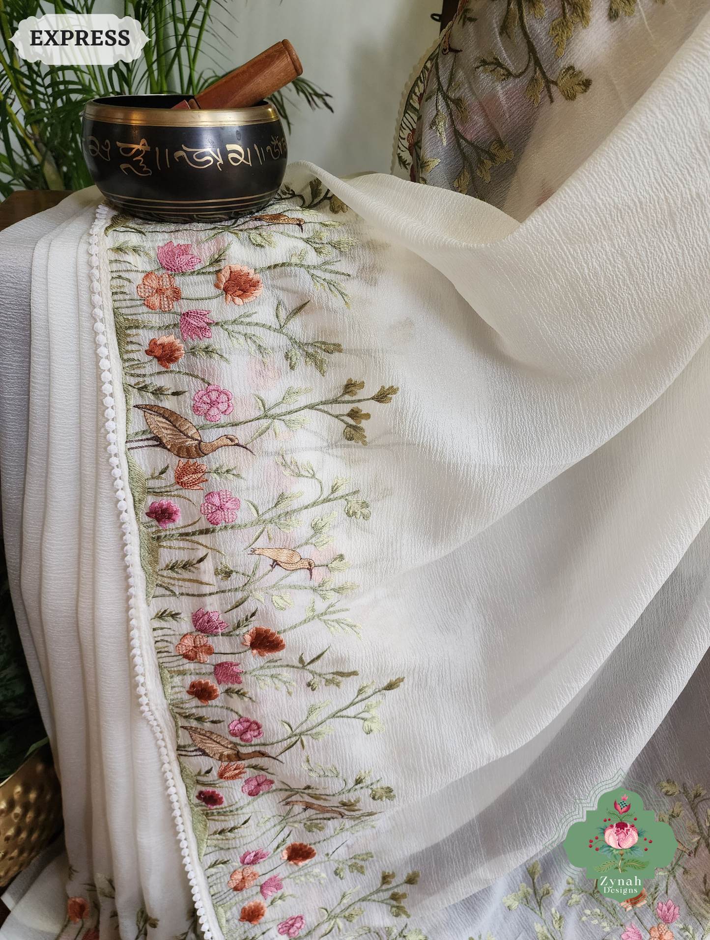 Zynah Off White Crushed Organza Tissue Saree With Exquisite Bird Embroidery; Custom Stitched/Ready-made Blouse, Fall, Petticoat; SKU: 0311202503