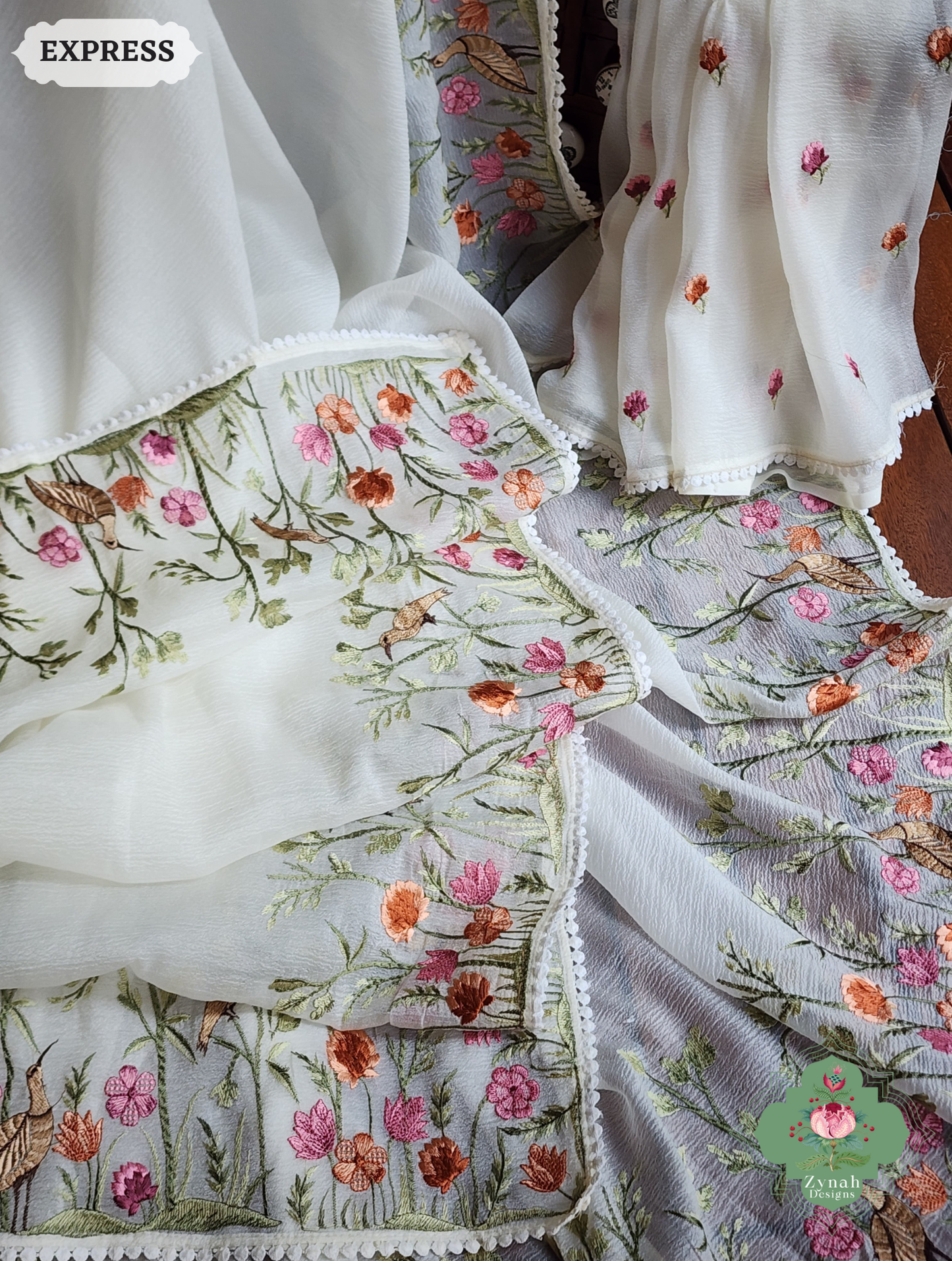 Zynah Off White Crushed Organza Tissue Saree With Exquisite Bird Embroidery; Custom Stitched/Ready-made Blouse, Fall, Petticoat; SKU: 0311202503