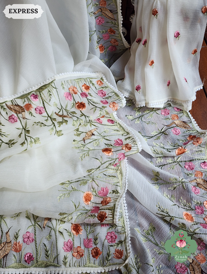 Zynah Off White Crushed Organza Tissue Saree With Exquisite Bird Embroidery; Custom Stitched/Ready-made Blouse, Fall, Petticoat; SKU: 0311202503