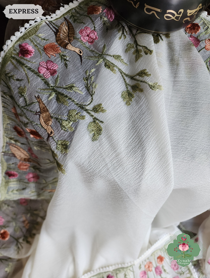 Zynah Off White Crushed Organza Tissue Saree With Exquisite Bird Embroidery; Custom Stitched/Ready-made Blouse, Fall, Petticoat; SKU: 0311202503