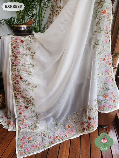 Zynah Off White Crushed Organza Tissue Saree With Exquisite Bird Embroidery; Custom Stitched/Ready-made Blouse, Fall, Petticoat; SKU: 0311202503