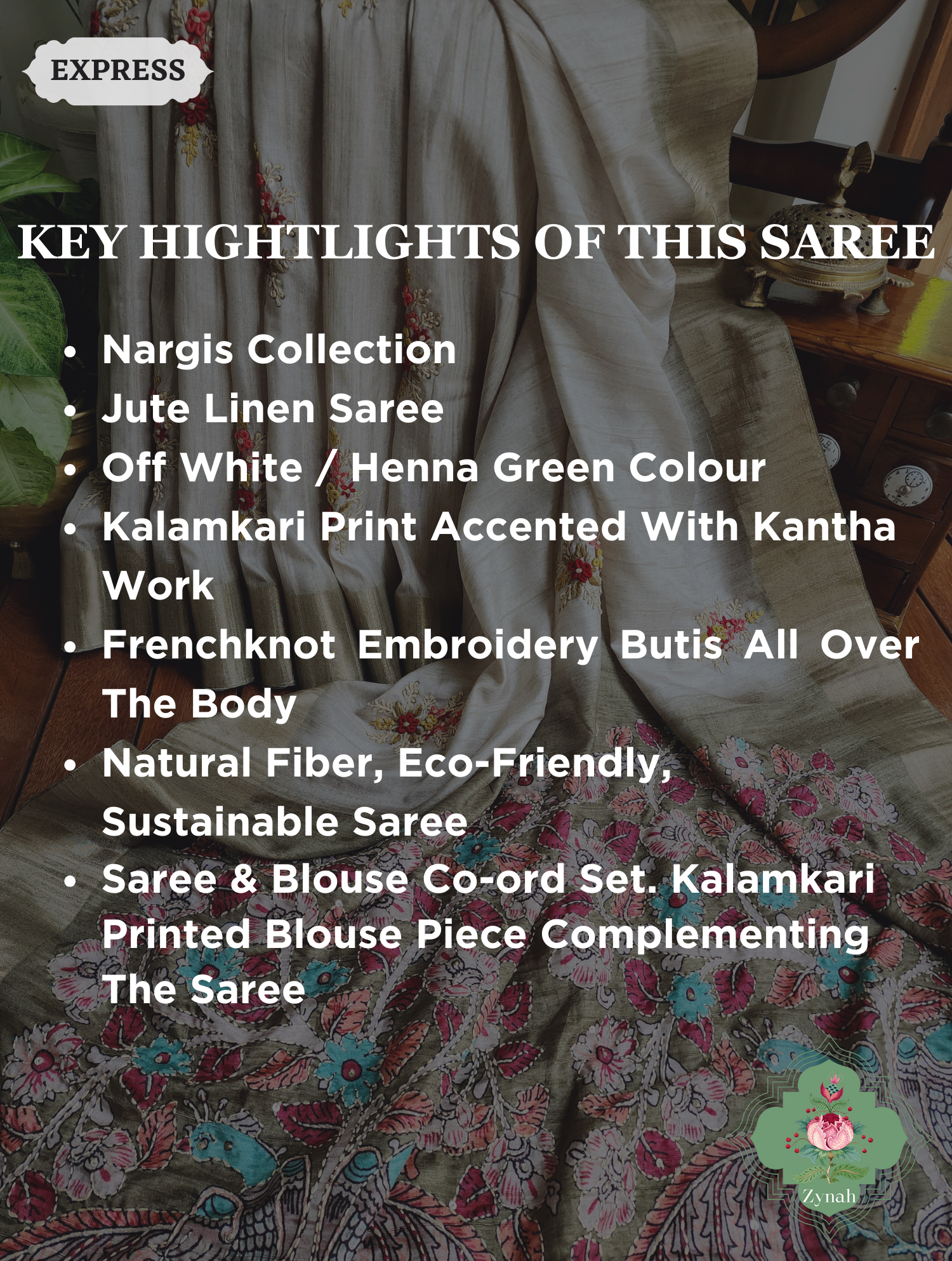 Off White / Henna Green Jute Linen Saree, Kalamkari Pallu With Kantha Work, All Over Frenchknot Embroidery Butis