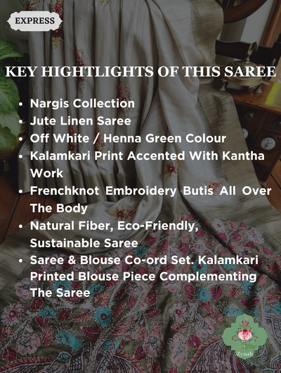 Off White / Henna Green Jute Linen Saree, Kalamkari Pallu With Kantha Work, All Over Frenchknot Embroidery Butis