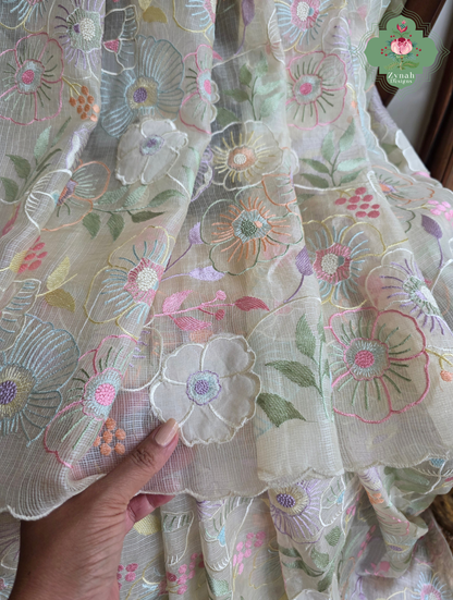 Pushpika Off White Kota Silk Saree With Pastel Floral Embroidery and Patchwork