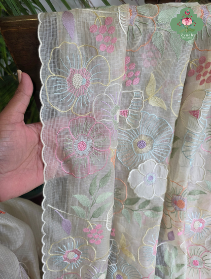 Pushpika Off White Kota Silk Saree With Pastel Floral Embroidery and Patchwork