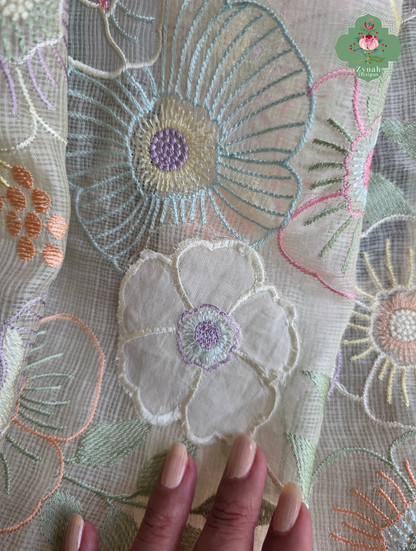 Pushpika Off White Kota Silk Saree With Pastel Floral Embroidery and Patchwork
