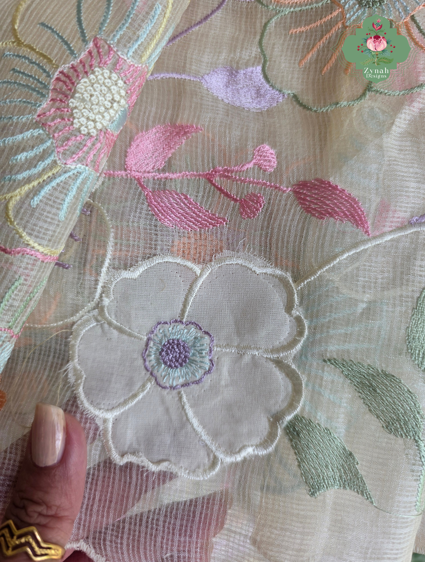 Pushpika Off White Kota Silk Saree With Pastel Floral Embroidery and Patchwork