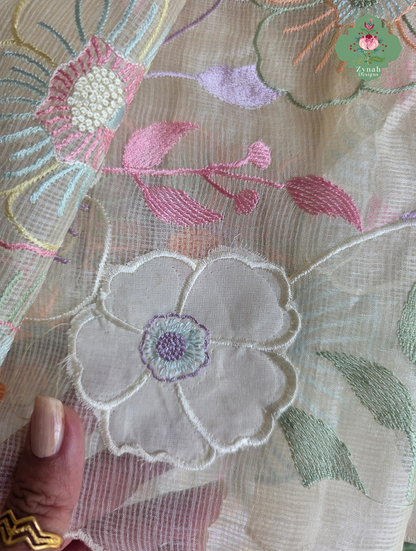 Pushpika Off White Kota Silk Saree With Pastel Floral Embroidery and Patchwork