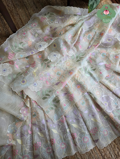 Pushpika Off White Kota Silk Saree With Pastel Floral Embroidery and Patchwork