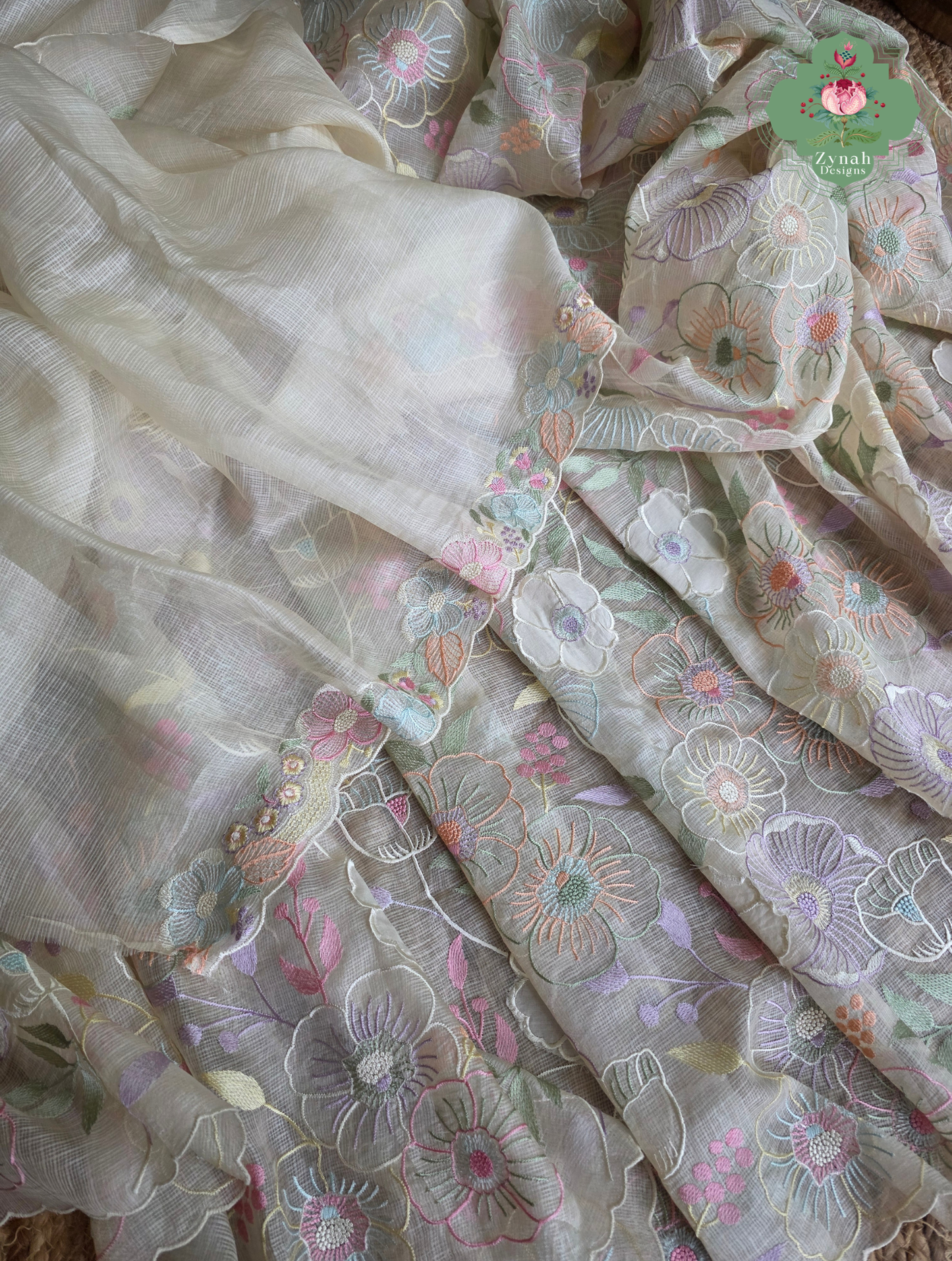 Pushpika Off White Kota Silk Saree With Pastel Floral Embroidery and Patchwork