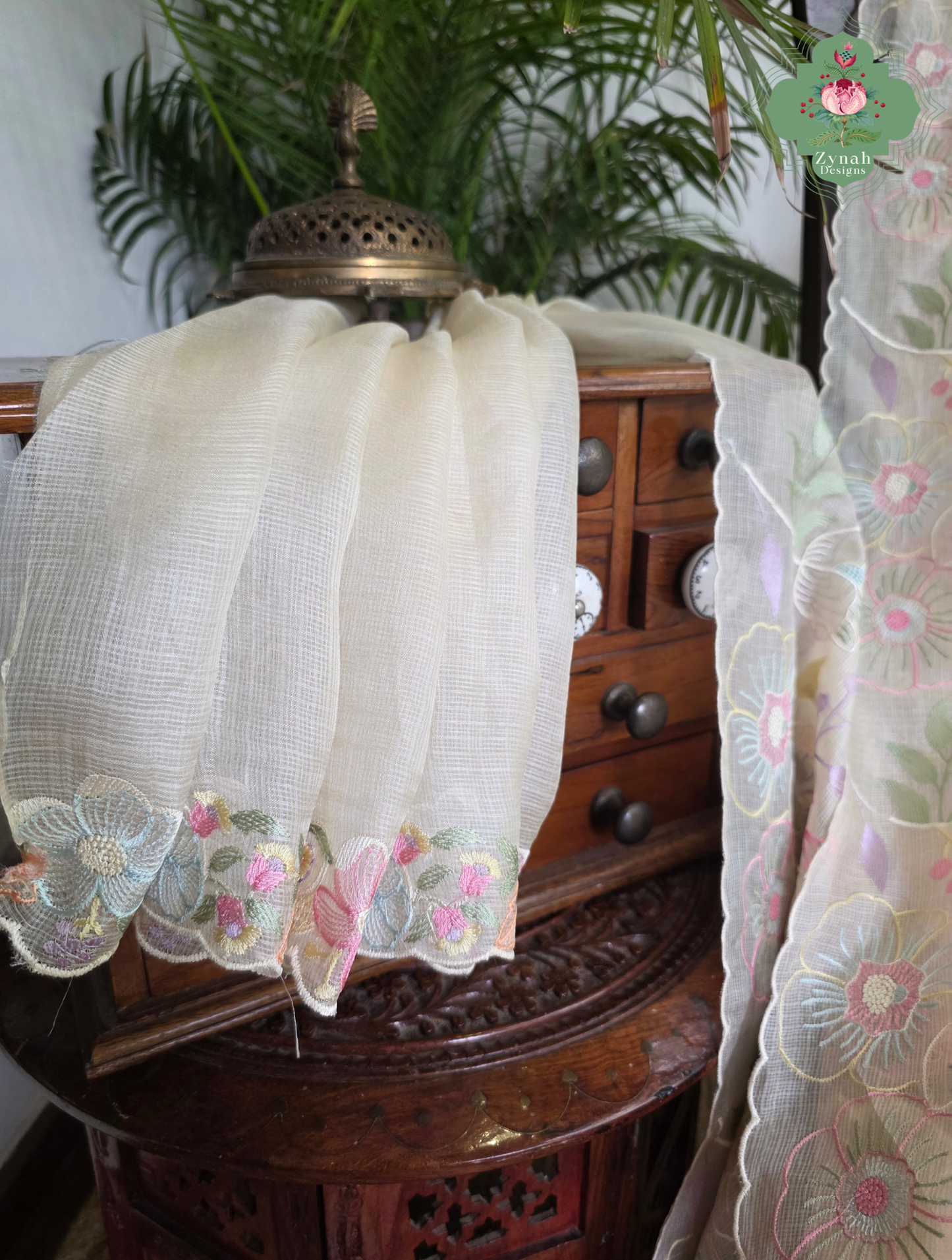 Pushpika Off White Kota Silk Saree With Pastel Floral Embroidery and Patchwork