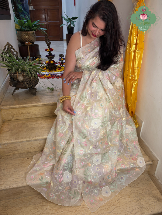 Pushpika Off White Kota Silk Saree With Pastel Floral Embroidery and Patchwork