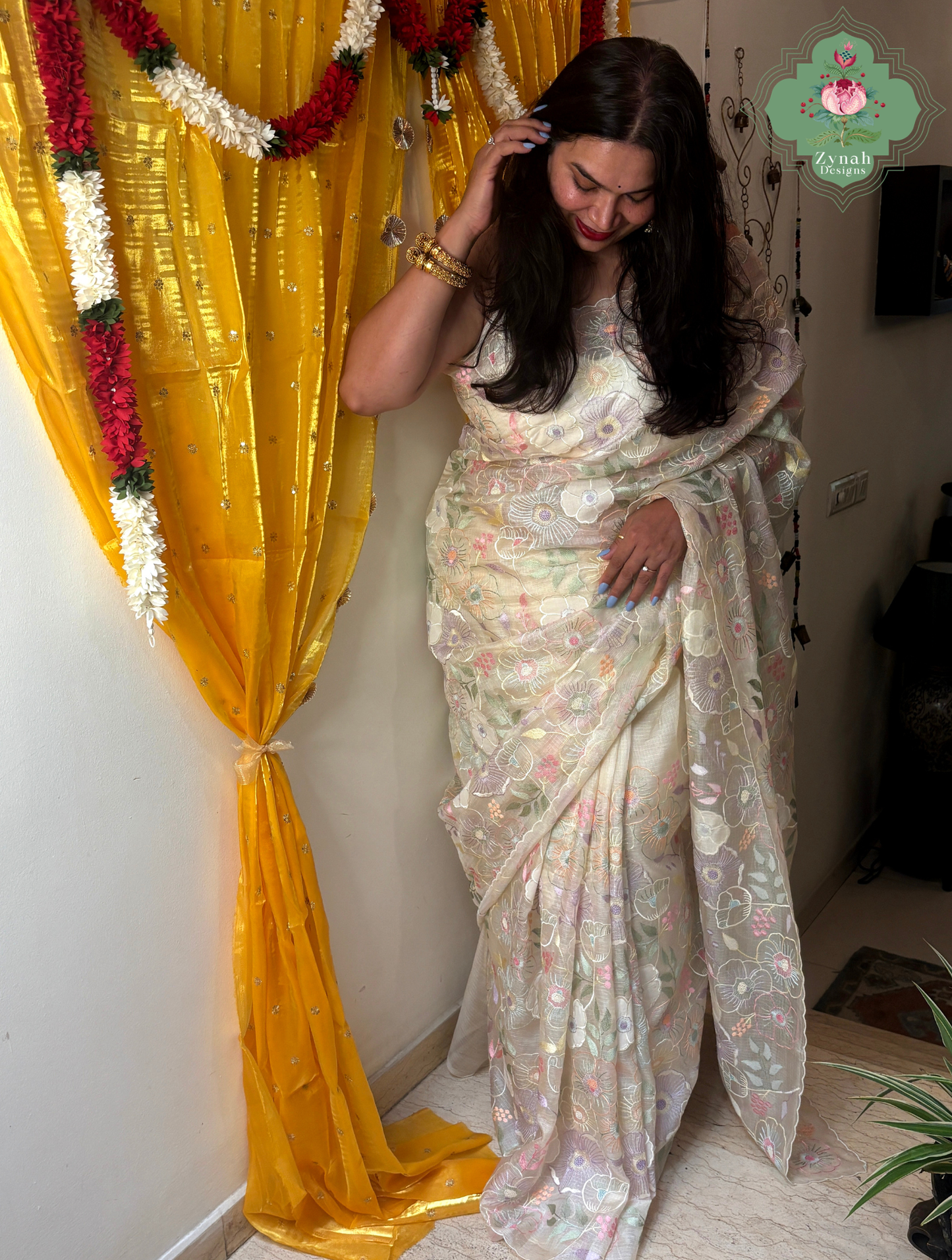 Pushpika Off White Kota Silk Saree With Pastel Floral Embroidery and Patchwork