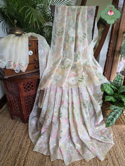Pushpika Off White Kota Silk Saree With Pastel Floral Embroidery and Patchwork