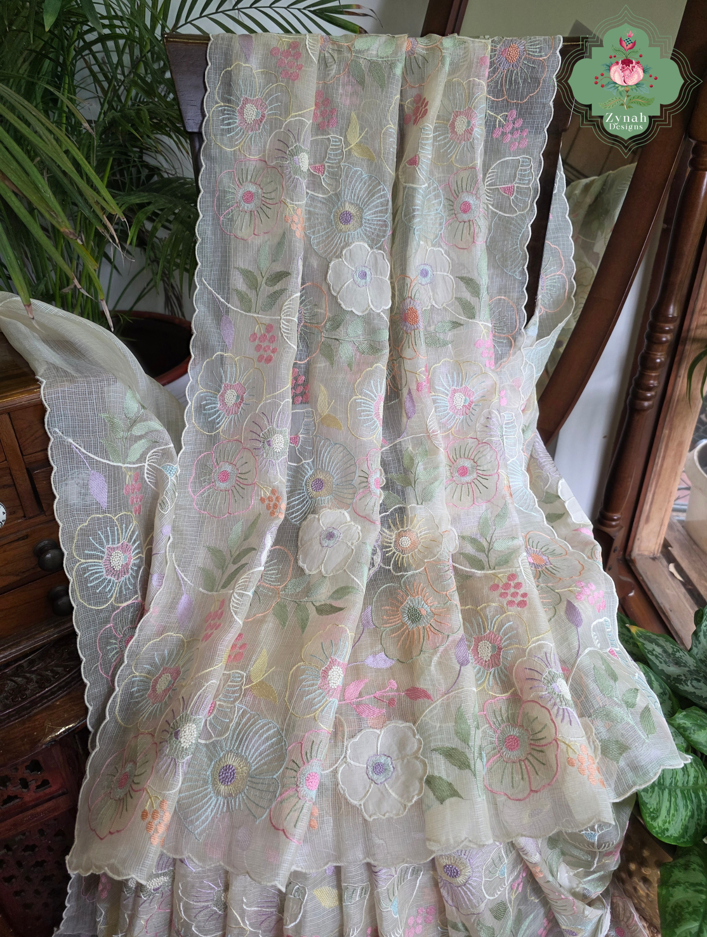 Pushpika Off White Kota Silk Saree With Pastel Floral Embroidery and Patchwork