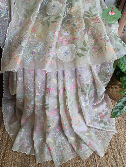 Pushpika Off White Kota Silk Saree With Pastel Floral Embroidery and Patchwork