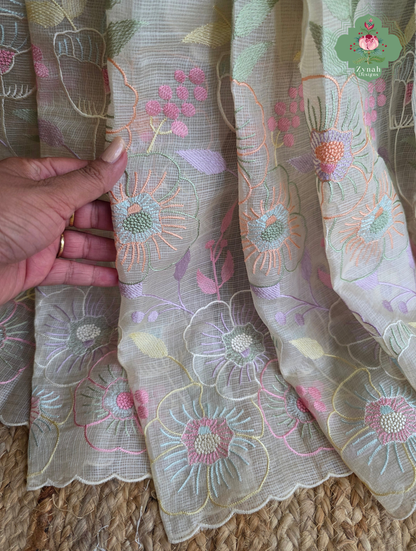 Pushpika Off White Kota Silk Saree With Pastel Floral Embroidery and Patchwork