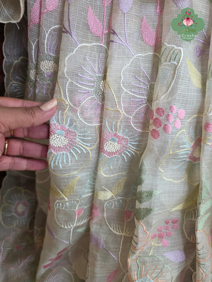 Pushpika Off White Kota Silk Saree With Pastel Floral Embroidery and Patchwork