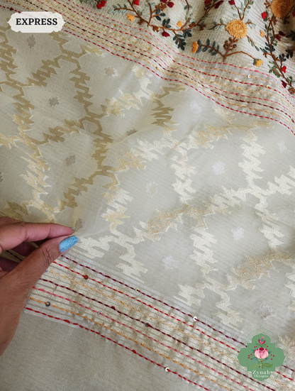 Zynah Off White Kota Tissue Saree With Golden Check, Jamdani Weaving Organza Pallu & Frenchknot Hand Embroidery; Custom Stitched/Ready-made Blouse, Fall, Petticoat; SKU: 1209202401