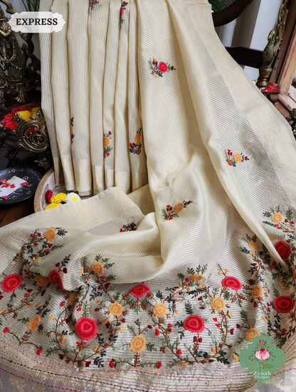 Zynah Off White Kota Tissue Saree With Golden Check, Jamdani Weaving Organza Pallu & Frenchknot Hand Embroidery; Custom Stitched/Ready-made Blouse, Fall, Petticoat; SKU: 1209202401