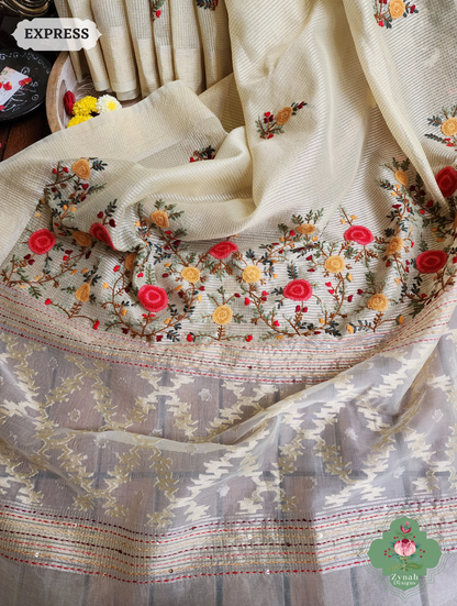 Zynah Off White Kota Tissue Saree With Golden Check, Jamdani Weaving Organza Pallu & Frenchknot Hand Embroidery; Custom Stitched/Ready-made Blouse, Fall, Petticoat; SKU: 1209202401