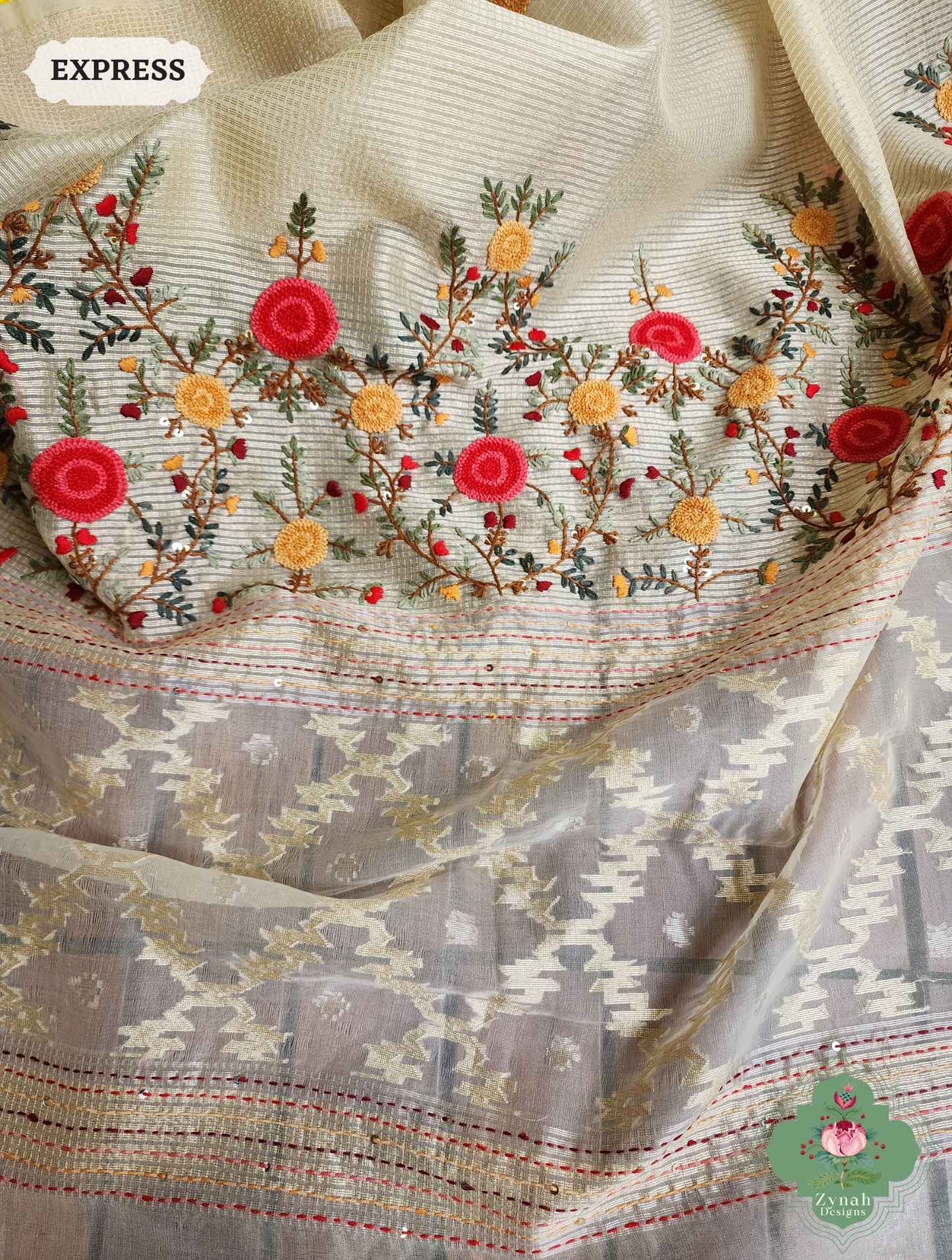 Zynah Off White Kota Tissue Saree With Golden Check, Jamdani Weaving Organza Pallu & Frenchknot Hand Embroidery; Custom Stitched/Ready-made Blouse, Fall, Petticoat; SKU: 1209202401