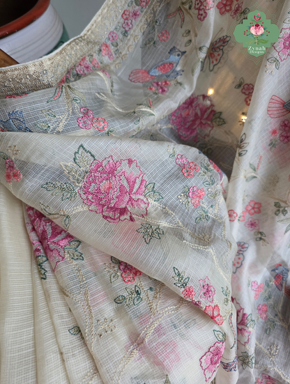 Summer Barefoot Off White Kota Tussar Silk Saree With Embroidery
