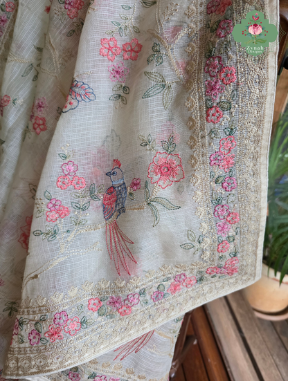 Summer Barefoot Off White Kota Tussar Silk Saree With Embroidery