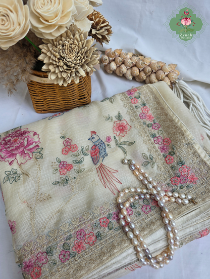 Summer Barefoot Off White Kota Tussar Silk Saree With Embroidery