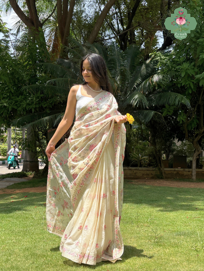 Summer Barefoot Off White Kota Tussar Silk Saree With Embroidery