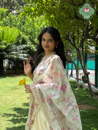 Summer Barefoot Off White Kota Tussar Silk Saree With Embroidery