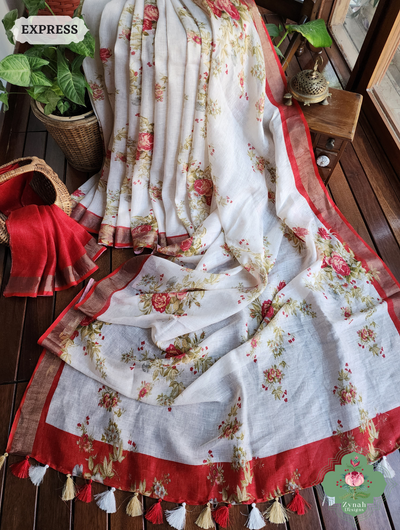 Off White Organic Linen Saree With Bold Floral Print 1