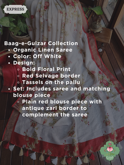 Off White Organic Linen Saree With Bold Floral Print 2