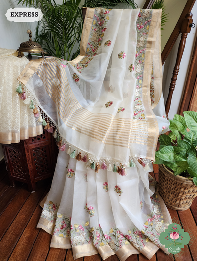 Zynah Off White Pure Organza Silk Saree With Pichwai Embroidery & Multicolor Tassels On Pallu; Custom Stitched/Ready-made Blouse, Fall, Petticoat; SKU: 2711202303