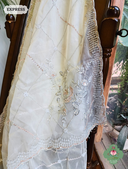 Zynah Off White Organza Silk Saree With Pearls, Cutdana, Sequins & Crystals Hand Embellishments; Custom Stitched/Ready-made Blouse, Fall, Petticoat; SKU: 2711202403