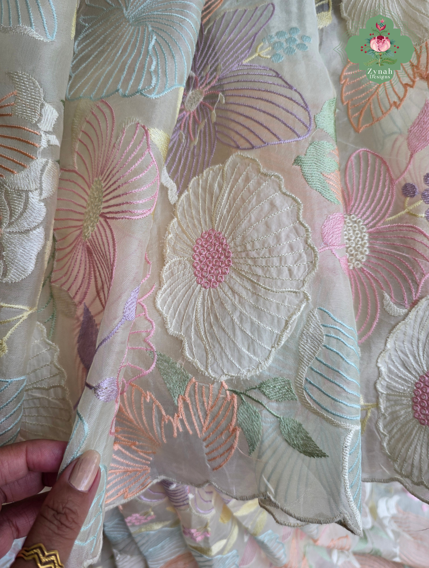 Malarika Off White Organza Silk Saree With Pastel Floral Embroidery & Patchwork