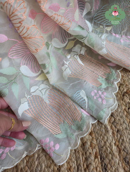 Malarika Off White Organza Silk Saree With Pastel Floral Embroidery & Patchwork