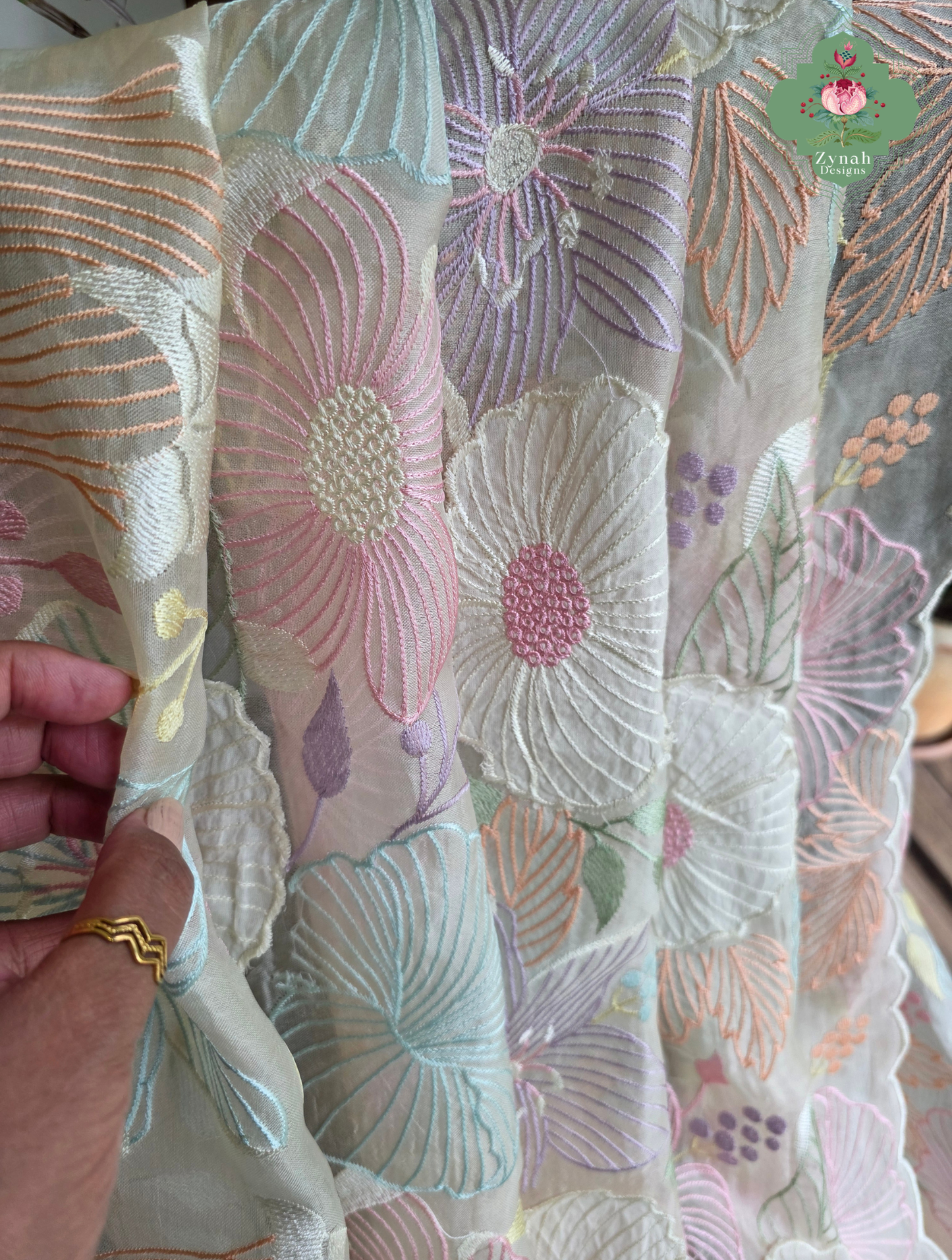 Malarika Off White Organza Silk Saree With Pastel Floral Embroidery & Patchwork