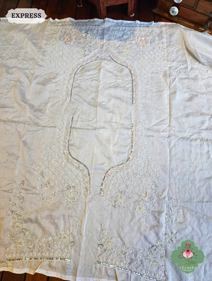 Zynah Off White Organza Silk Saree With Pearls, Cutdana, Sequins & Crystals Hand Embellishments; Custom Stitched/Ready-made Blouse, Fall, Petticoat; SKU: 2711202403