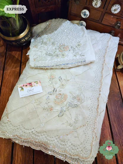 Zynah Off White Organza Silk Saree With Pearls, Cutdana, Sequins & Crystals Hand Embellishments; Custom Stitched/Ready-made Blouse, Fall, Petticoat; SKU: 2711202403