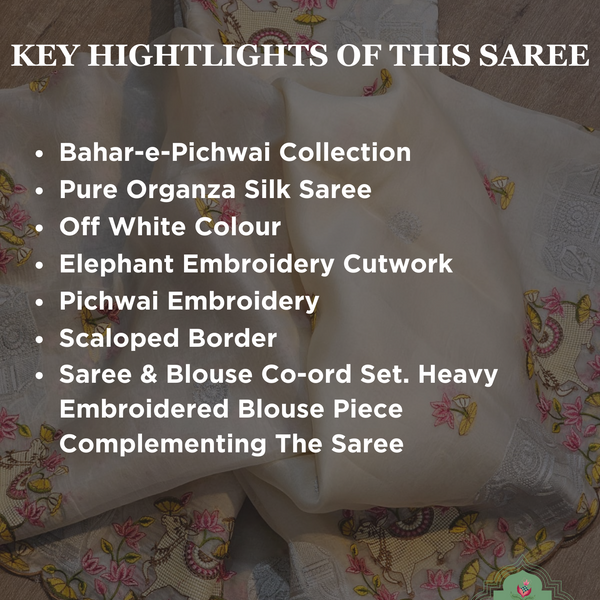 Off White Pure Organza Silk Saree With Elephant Pichwai Embroidery & Scallop Border 1