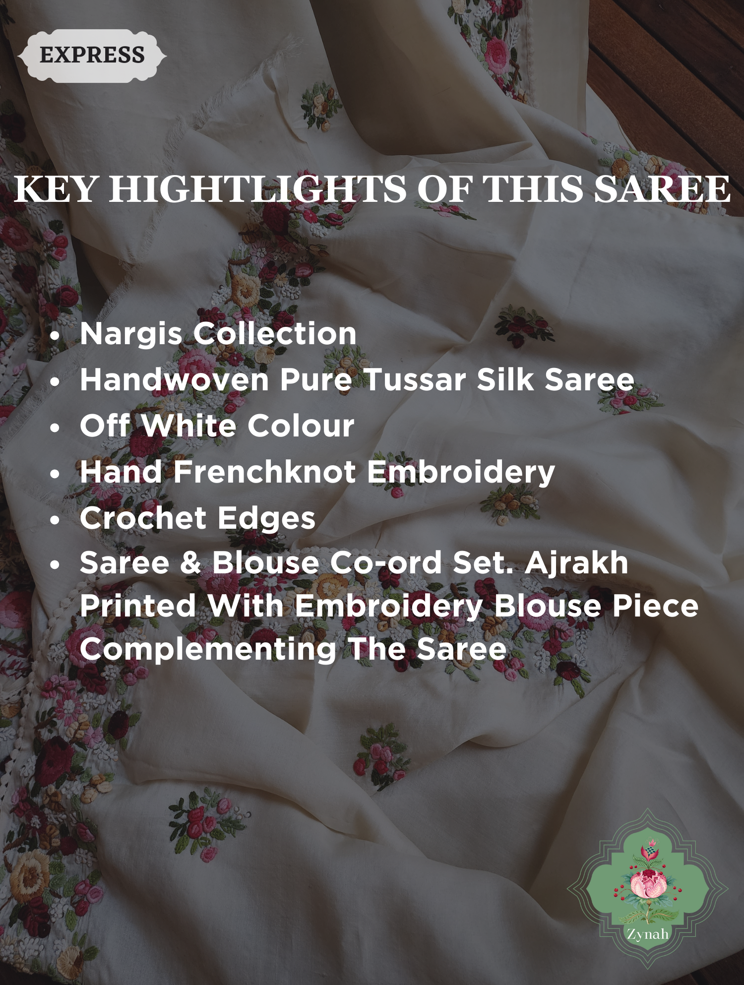 Off White Handwoven Pure Tussar Silk Saree, Hand Frenchknot Embroidery & Crochet Edges