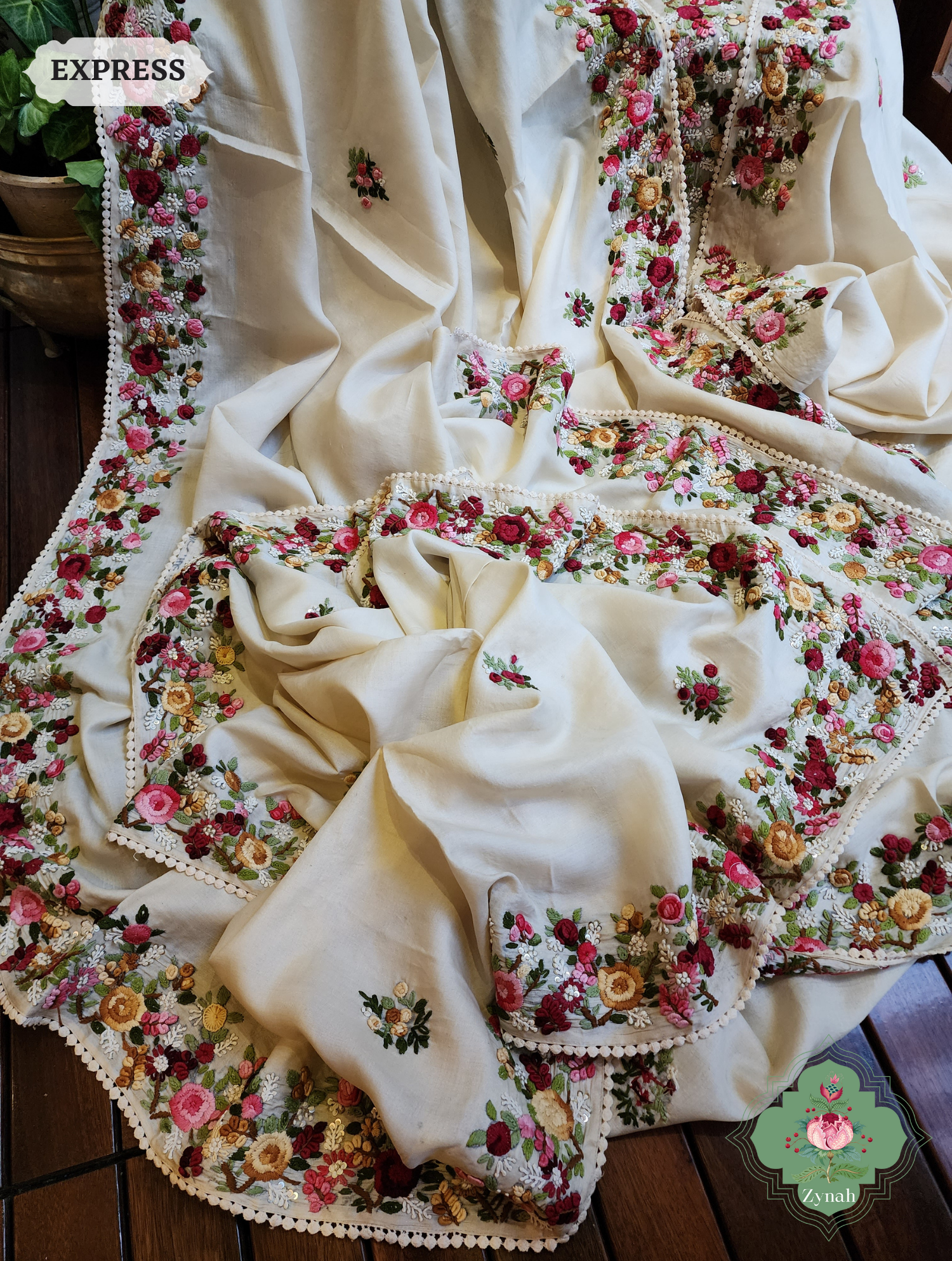 Off White Handwoven Pure Tussar Silk Saree, Hand Frenchknot Embroidery & Crochet Edges