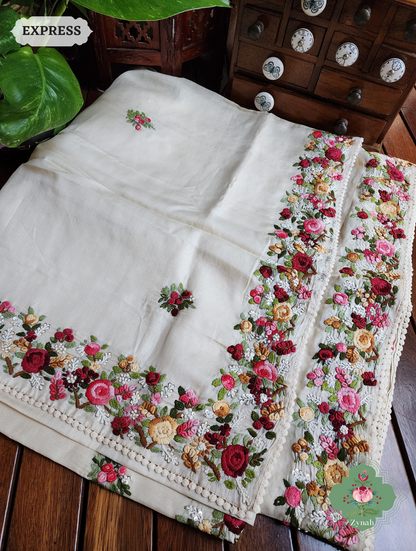 Off White Handwoven Pure Tussar Silk Saree, Hand Frenchknot Embroidery & Crochet Edges